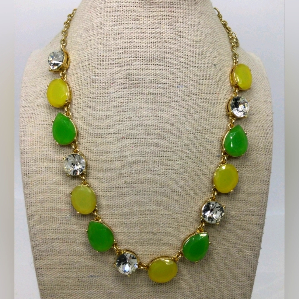 J. Crew Yellow Green & Clear Rhinestone Necklace NWOT 18"
